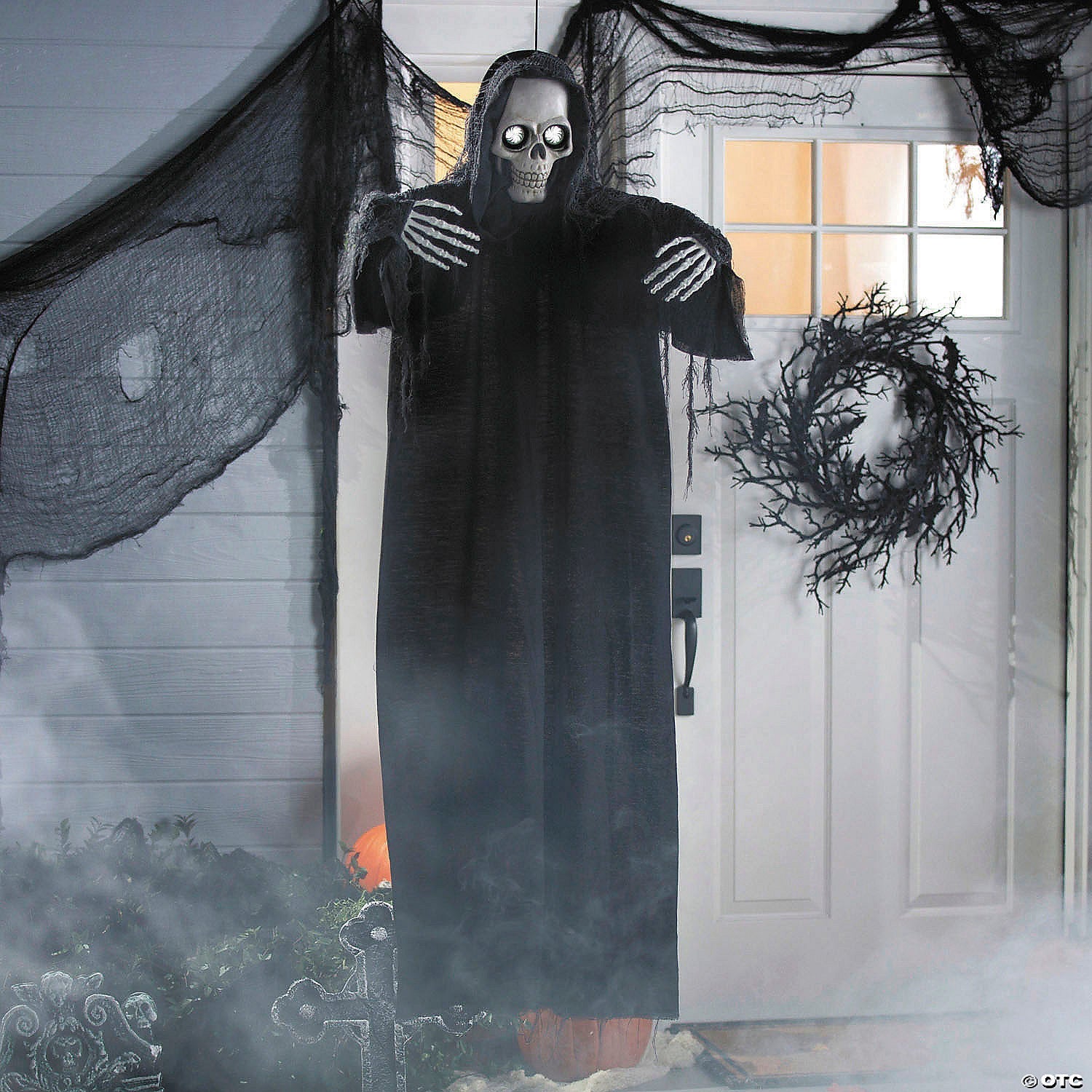 5 Ft. Animated Eyes Hanging Skeleton Reaper with Black Robe Halloween Decoration