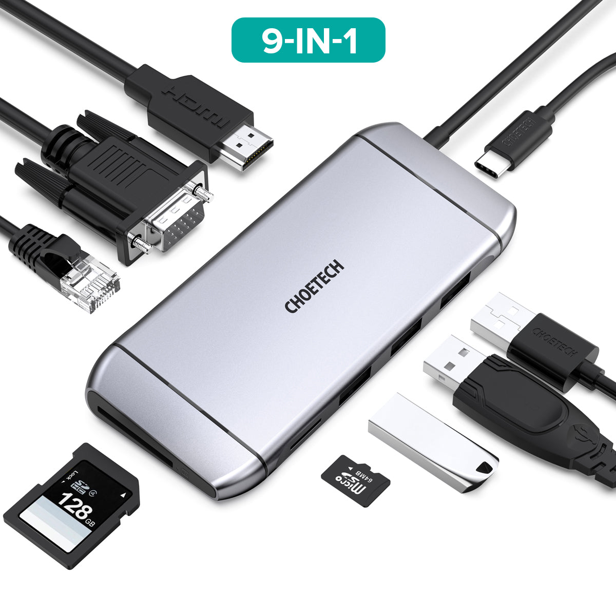 9-in-1 USB-C Hub – HDMI, VGA, PD, Ethernet, USB, for MacBook