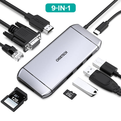 9-in-1 USB-C Hub – HDMI, VGA, PD, Ethernet, USB, for MacBook