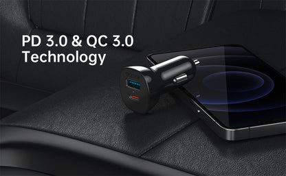 38W Car Charger – Dual QC3.0 + PD20W Fast Charging Ports