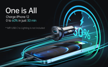 38W Car Charger – Dual QC3.0 + PD20W Fast Charging Ports