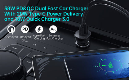 38W Car Charger – Dual QC3.0 + PD20W Fast Charging Ports