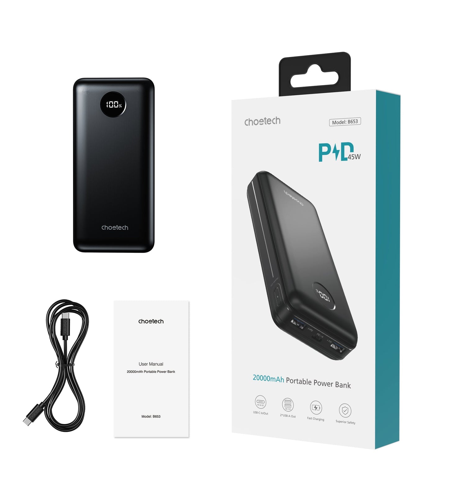 20000mAh Power Bank – 45W PD, USB‑C/A/Micro Ports, Black