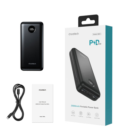 20000mAh Power Bank – 45W PD, USB‑C/A/Micro Ports, Black
