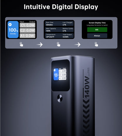 27000mAh Power Bank – 140W, USB-C/A, TFT Display, for Devices