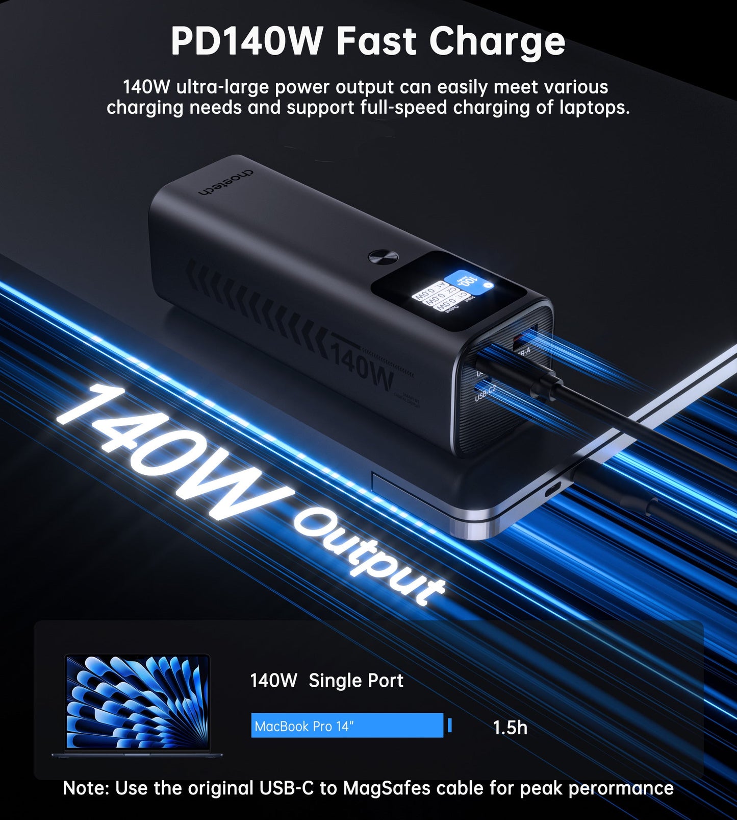27000mAh Power Bank – 140W, USB-C/A, TFT Display, for Devices