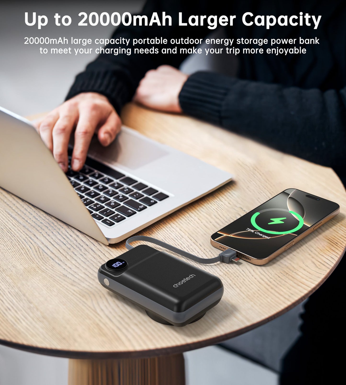 20000mAh Wireless Power Bank – 22.5W, USB-C, LED, for iPhone/Qi
