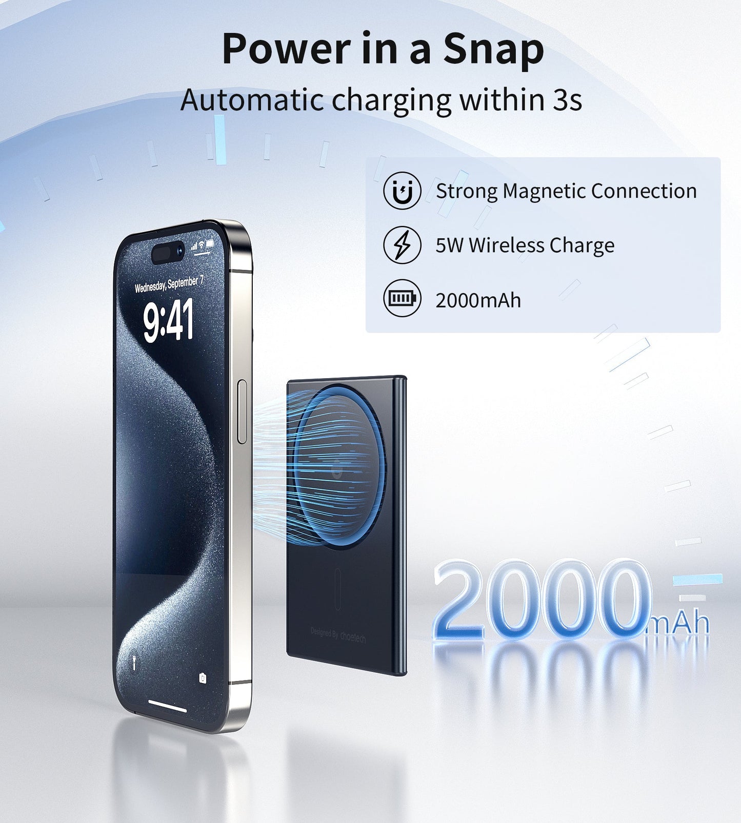 2000mAh Mag Wireless Bank – Slim 0.23in, USB-C, for iPhone/Qi