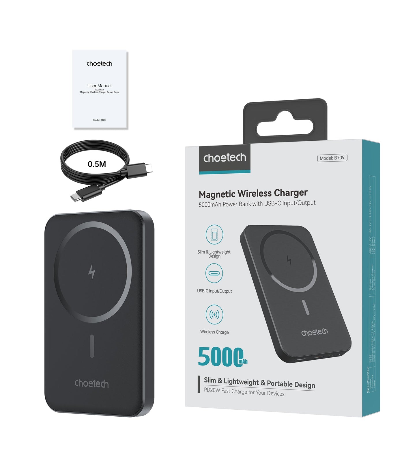 20W 5000mAh Magnetic Power Bank – Slim & Black Design