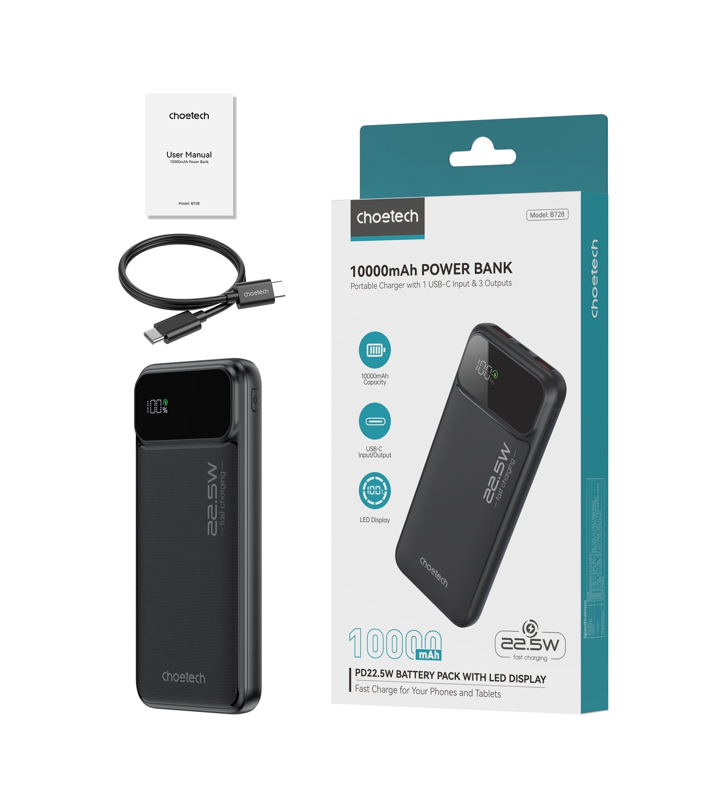 10000mAh Power Bank – 22.5W USB-C + Dual USB-A, Black