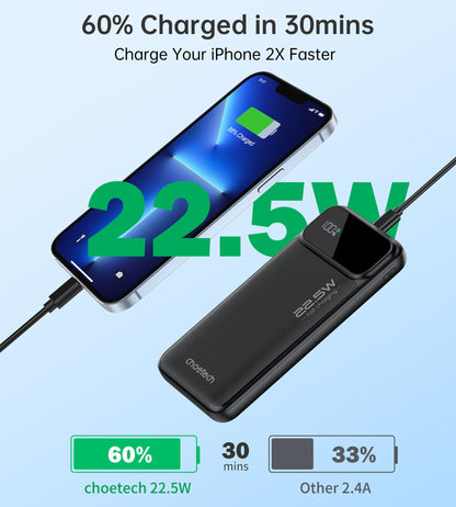 10000mAh Power Bank – 22.5W USB-C + Dual USB-A, Black