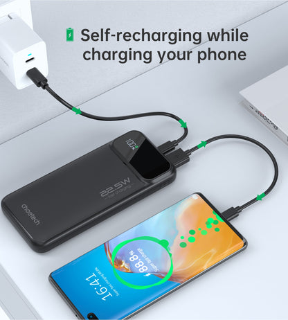 10000mAh Power Bank – 22.5W USB-C + Dual USB-A, Black