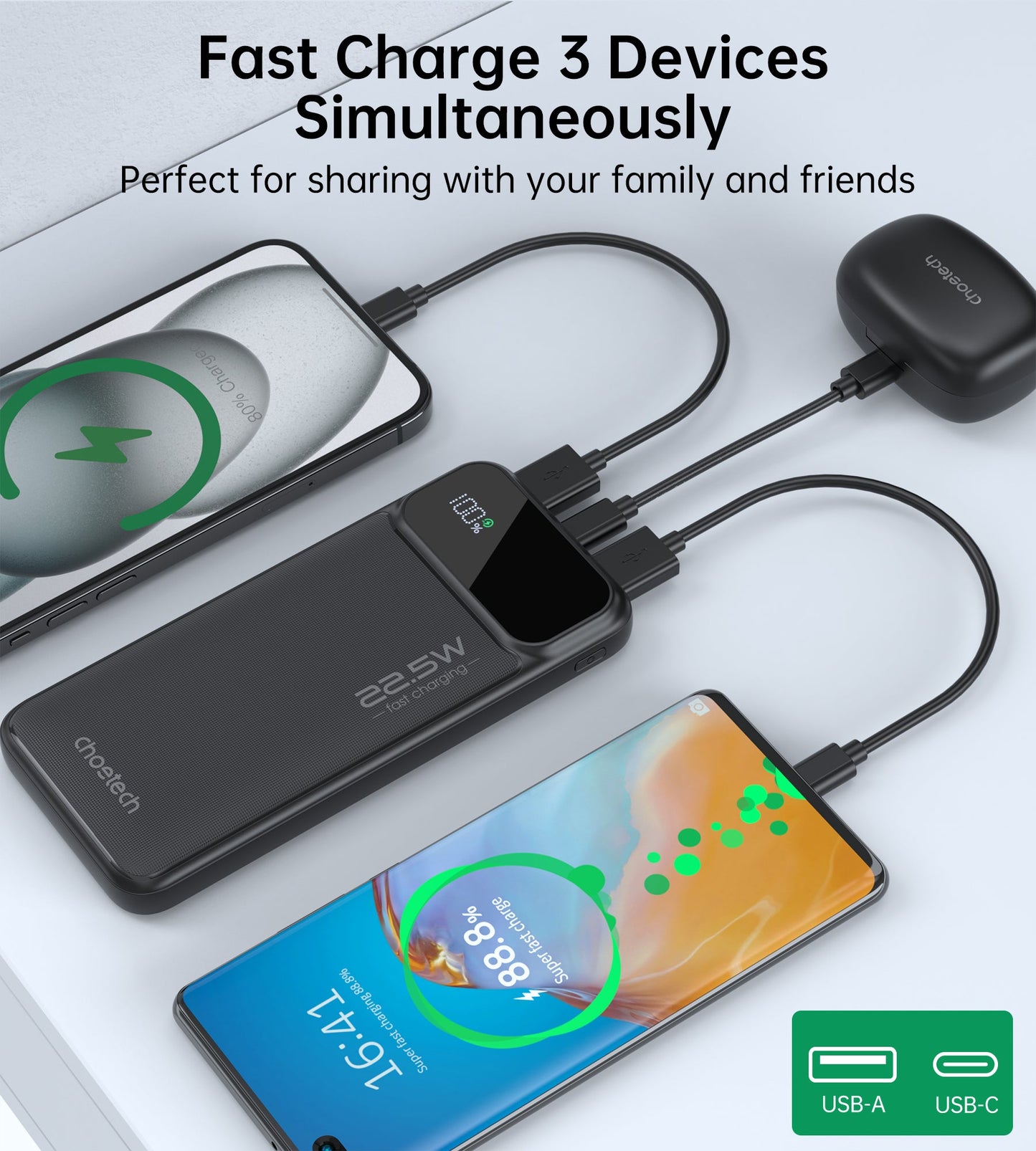 10000mAh Power Bank – 22.5W, USB-C, LED, 3 Outputs, for Devices