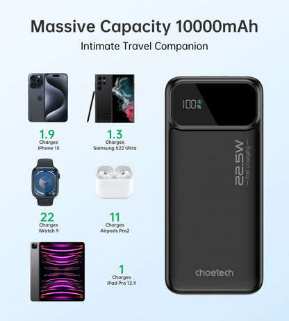 10000mAh Power Bank – 22.5W, USB-C, LED, 3 Outputs, for Devices