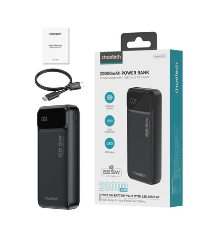 20000mAh Power Bank – 22.5W USB-C + Dual USB-A, Black