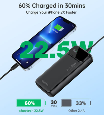 20000mAh Power Bank – 22.5W USB-C + Dual USB-A, Black