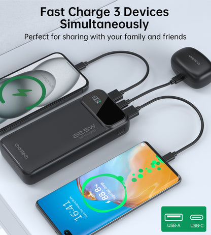20000mAh Power Bank – 22.5W, USB-C, LED, 3 Outputs for Devices