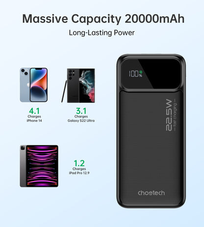 20000mAh Power Bank – 22.5W, USB-C, LED, 3 Outputs for Devices