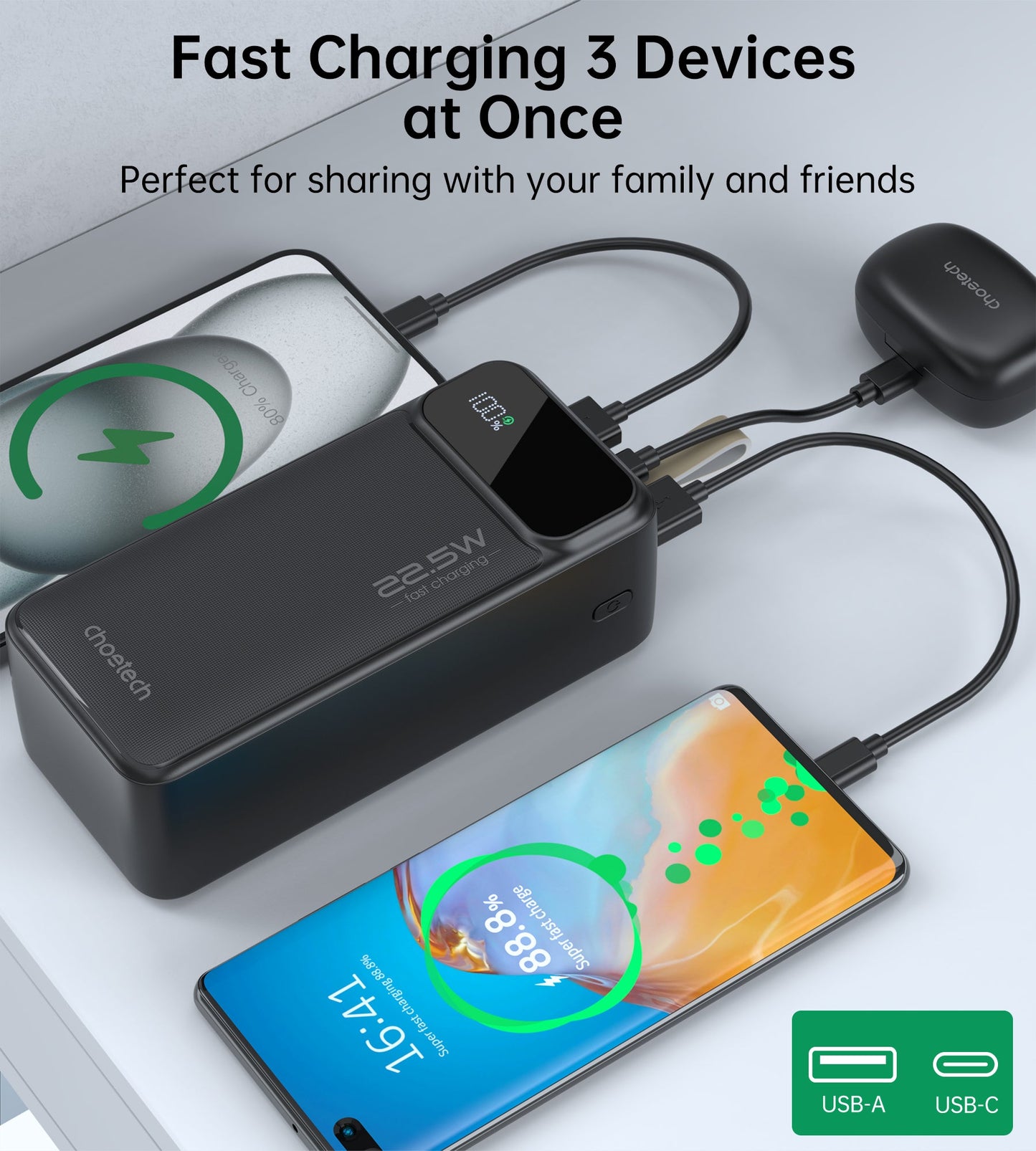 40000mAh Power Bank – 22.5W USB-C + Dual USB-A, Black