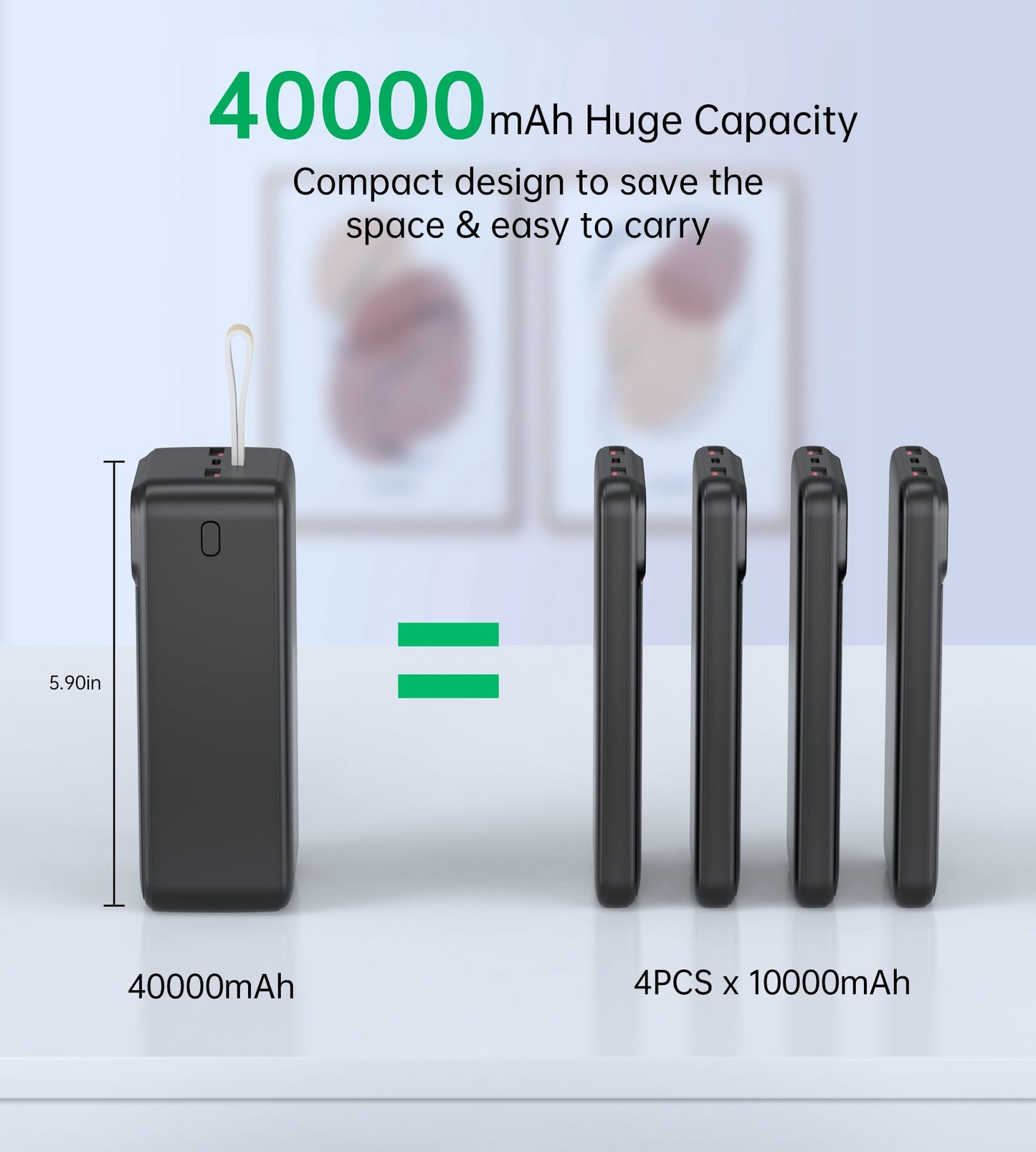 40000mAh Power Bank – 22.5W USB-C + Dual USB-A, Black