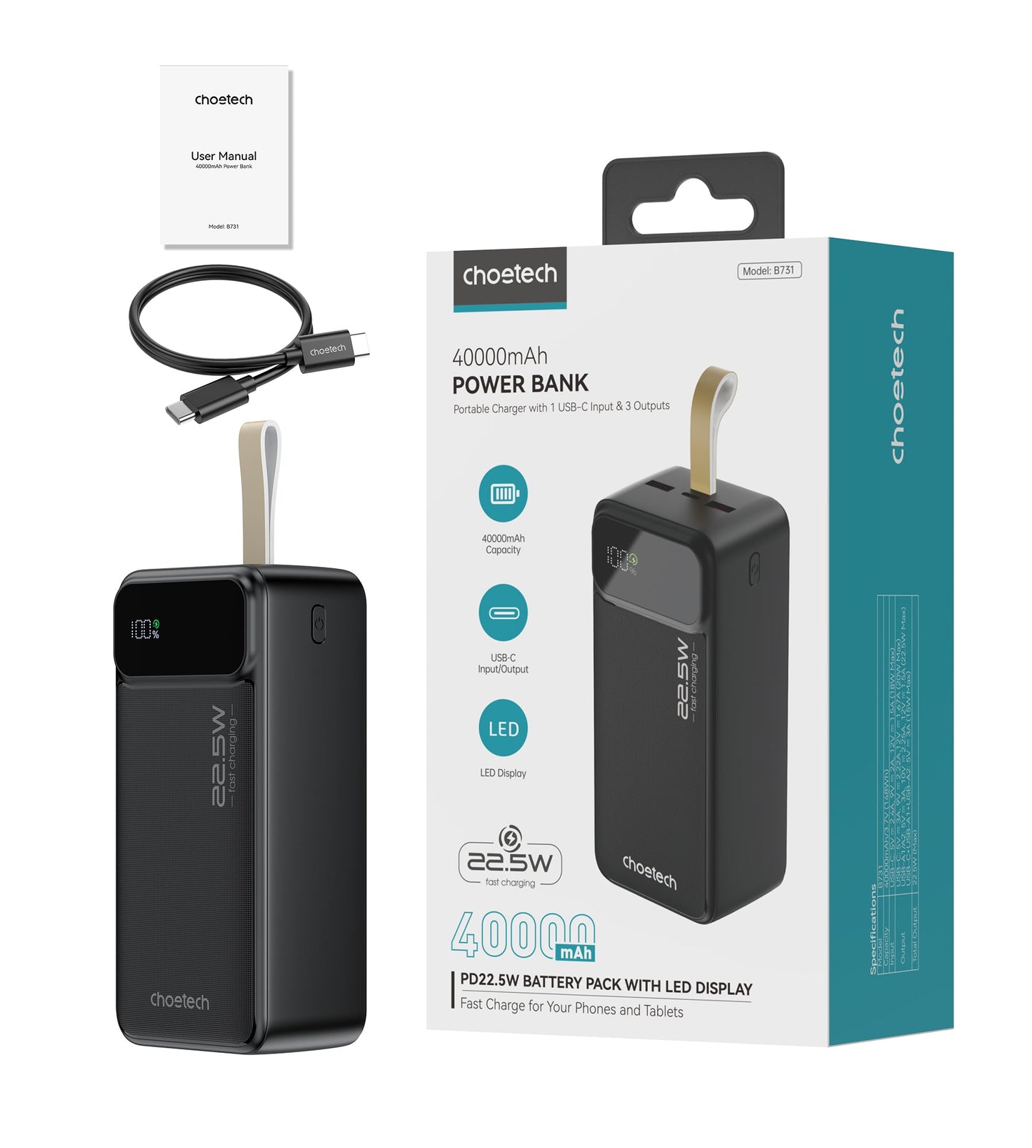 40000mAh Power Bank – 22.5W USB-C + Dual USB-A, Black