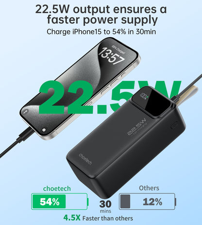 40000mAh Power Bank – 22.5W USB-C + Dual USB-A, Black