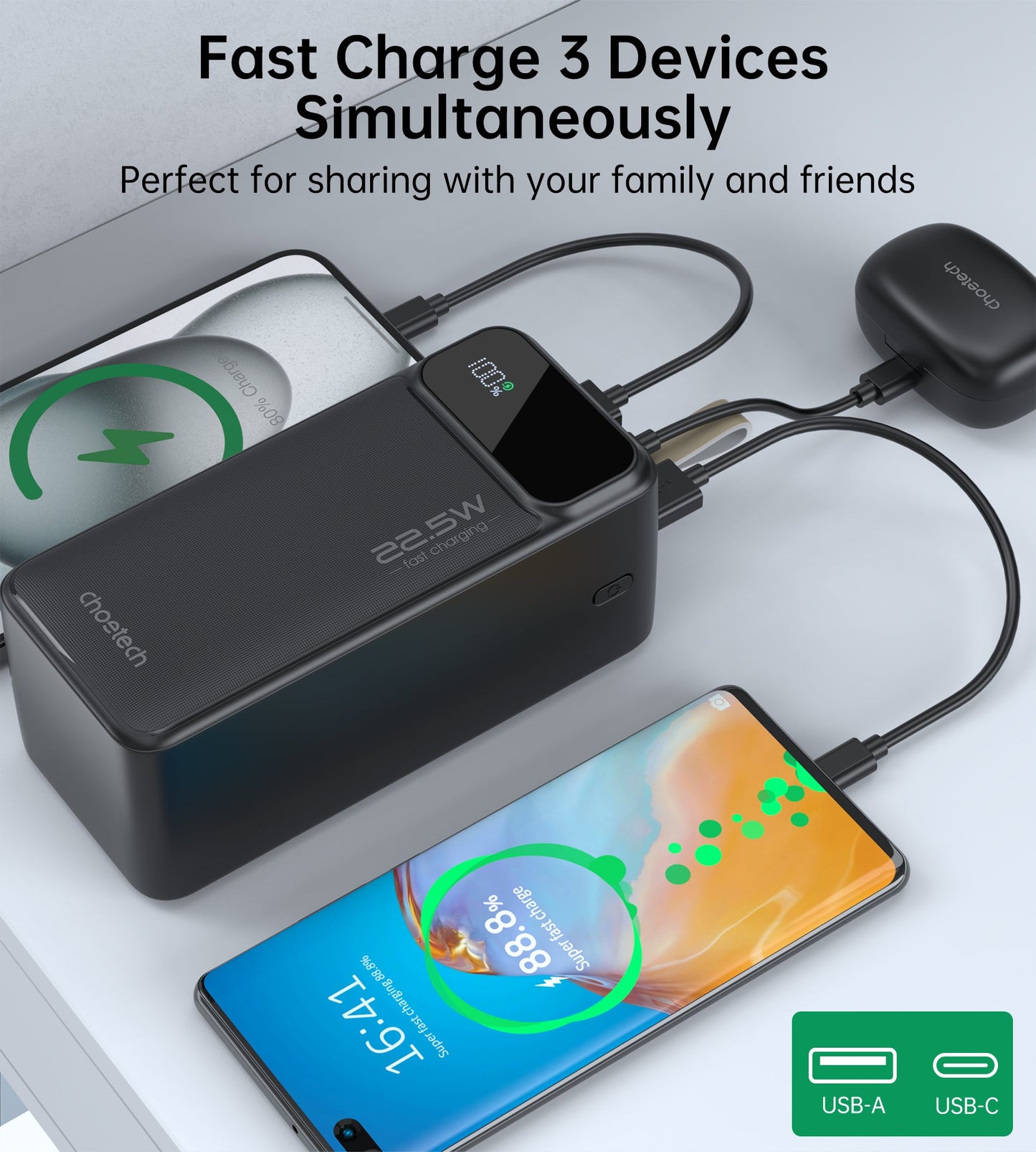 50000mAh Power Bank – 22.5W USB-C + Dual USB-A, Black