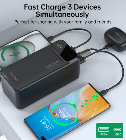 50000mAh Power Bank – 22.5W USB-C + Dual USB-A, Black