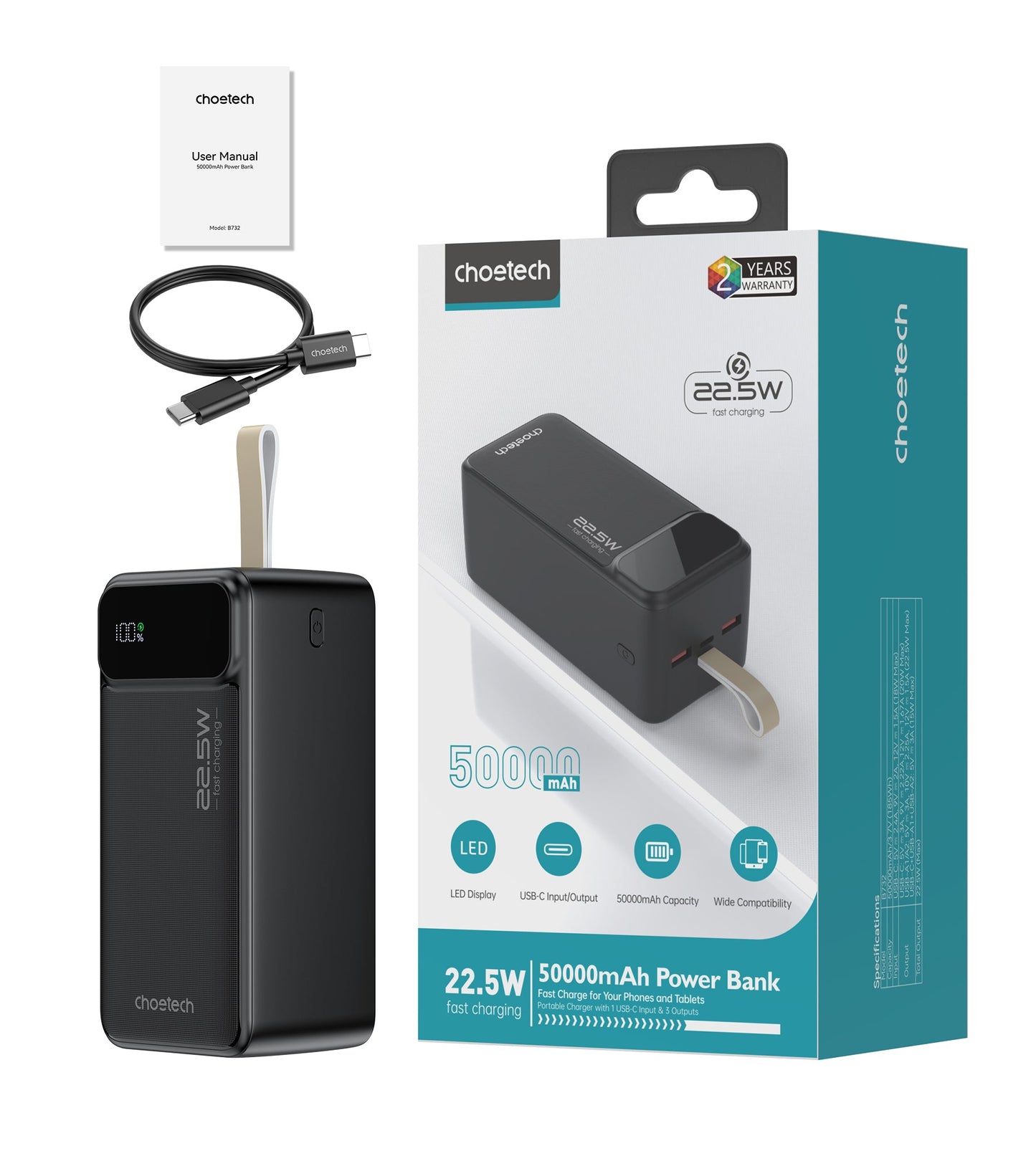 50000mAh Power Bank – 22.5W USB-C + Dual USB-A, Black