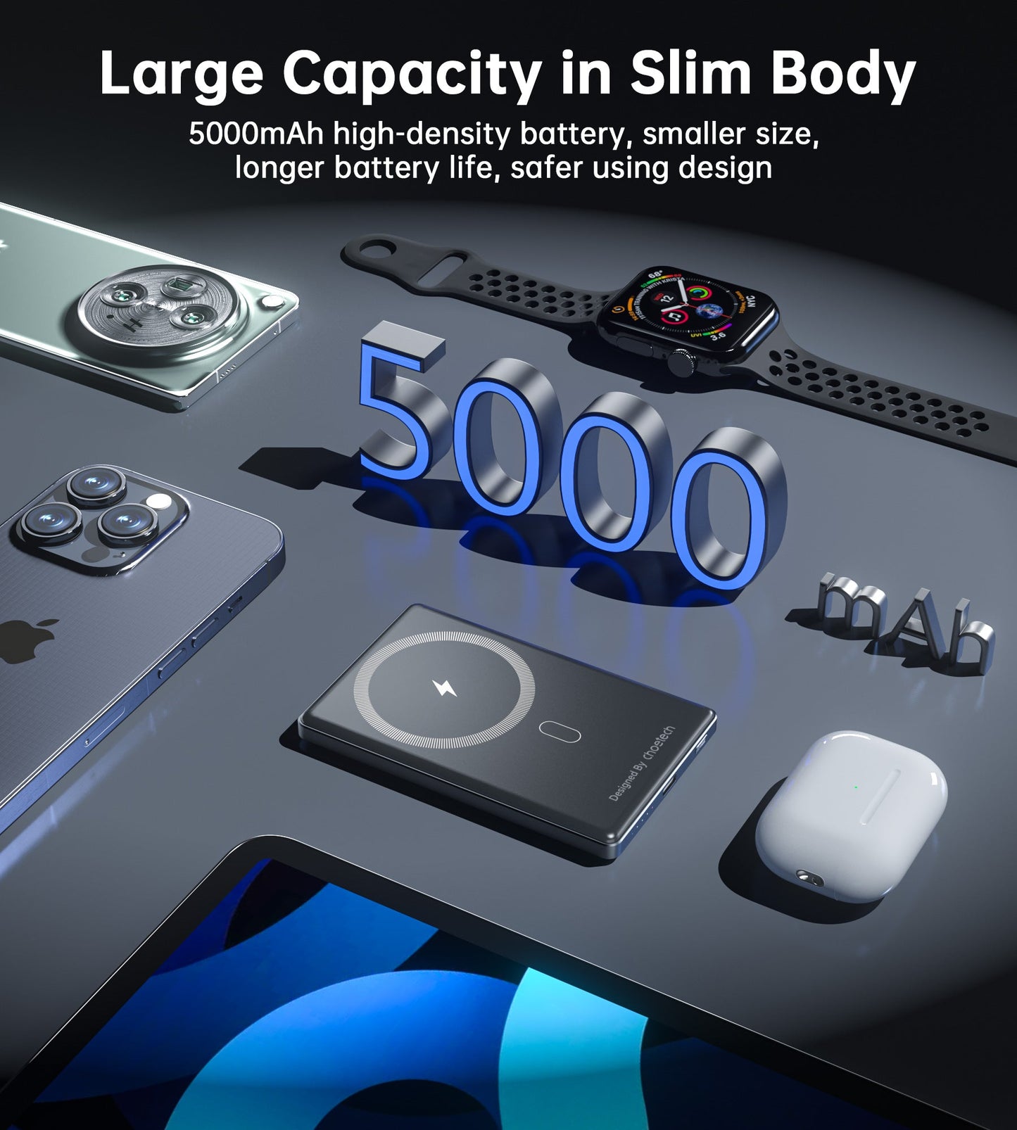 5000mAh Mag Wireless Bank – 20W USB-C, Slim, for iPhone/Qi