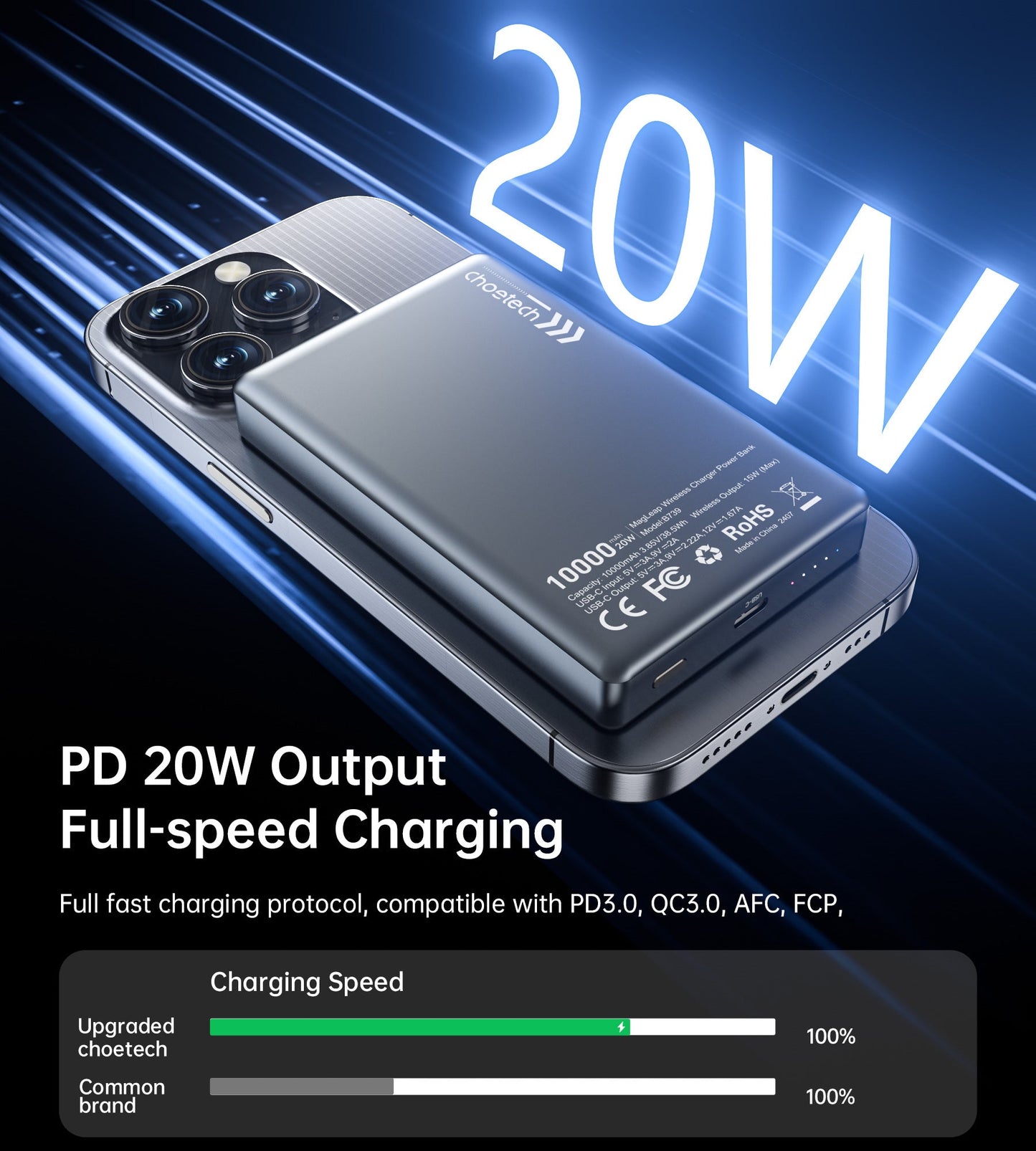 10000mAh Mag Wireless Bank – 20W USB-C, Slim, for iPhone/Qi