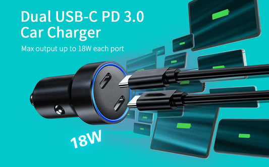 36W Dual USB-C Car Charger – Compact & Fast Charge