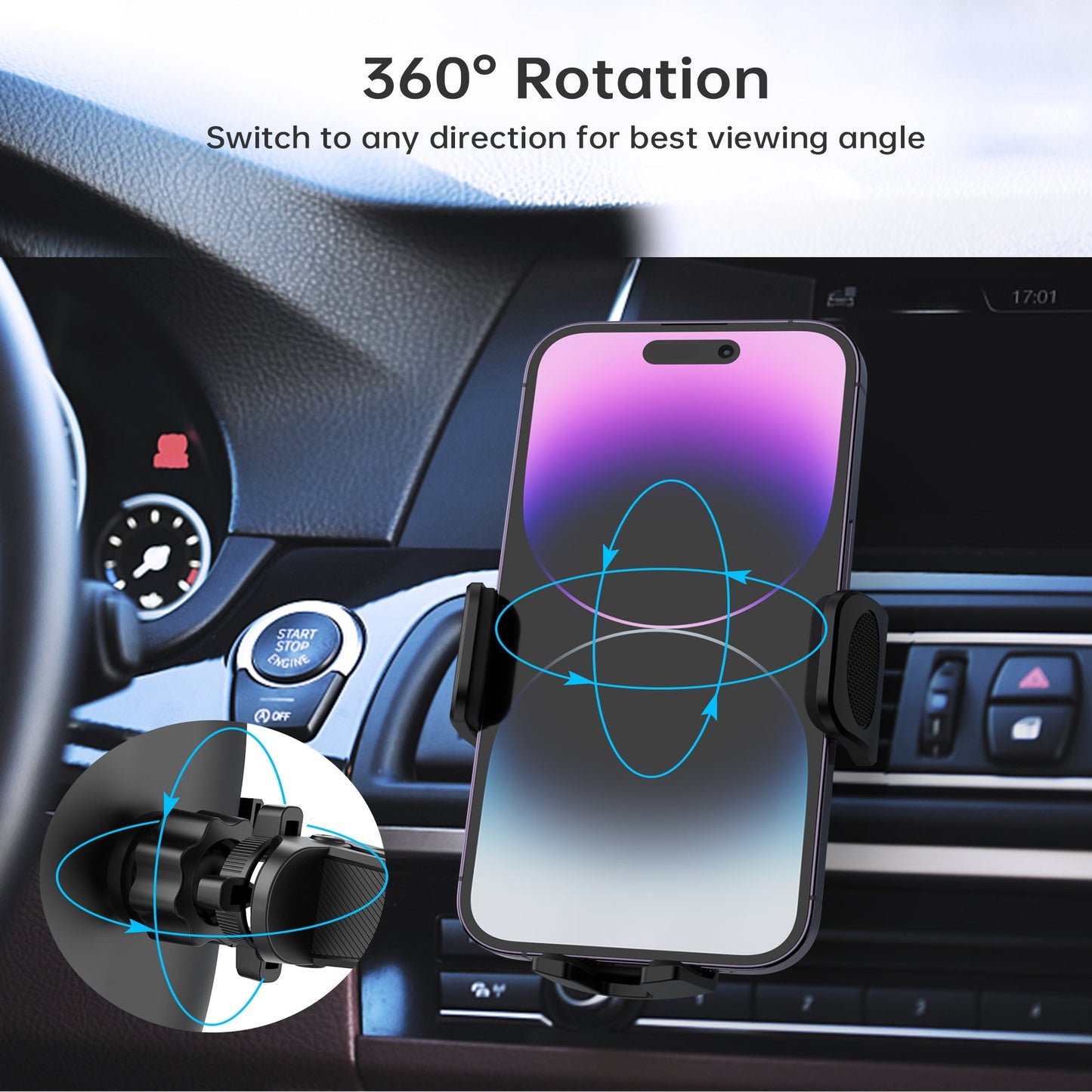 Air Vent Phone Mount – 360° Rotation, Clip-On Design