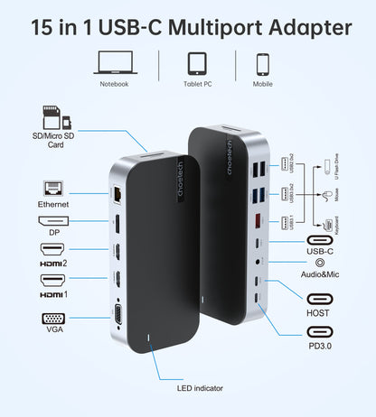 15-in-1 USB-C Hub – 4K HDMI/DP/VGA, PD, Ethernet, for Laptop