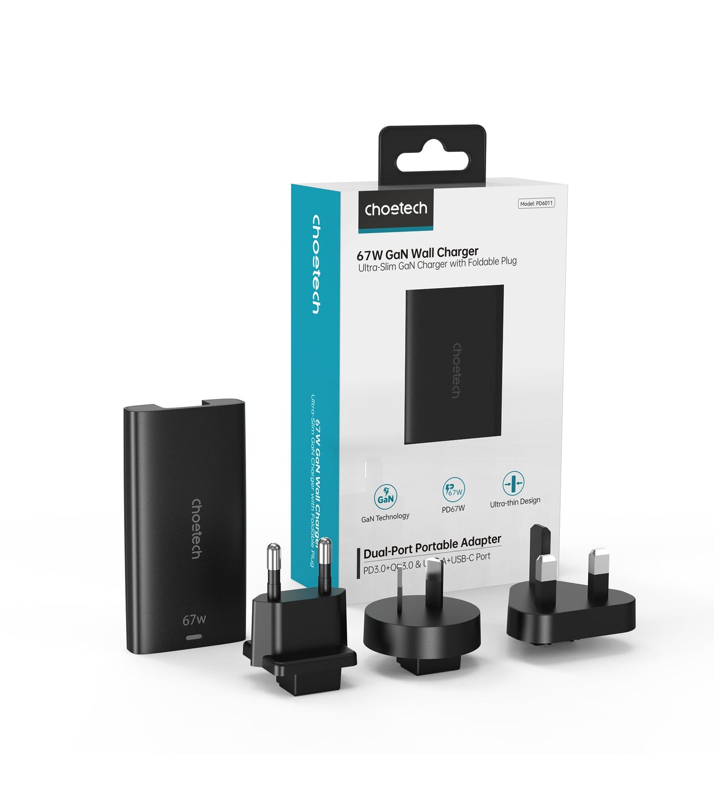 67W GaN Charger – Dual-Port USB-C Adapter for Travel Use