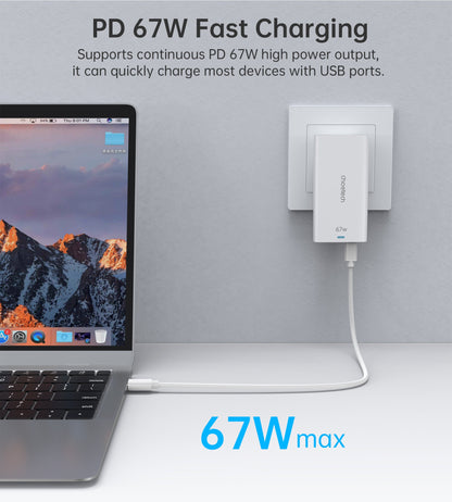 67W GaN Charger – Dual-Port USB-C Adapter for Travel Use