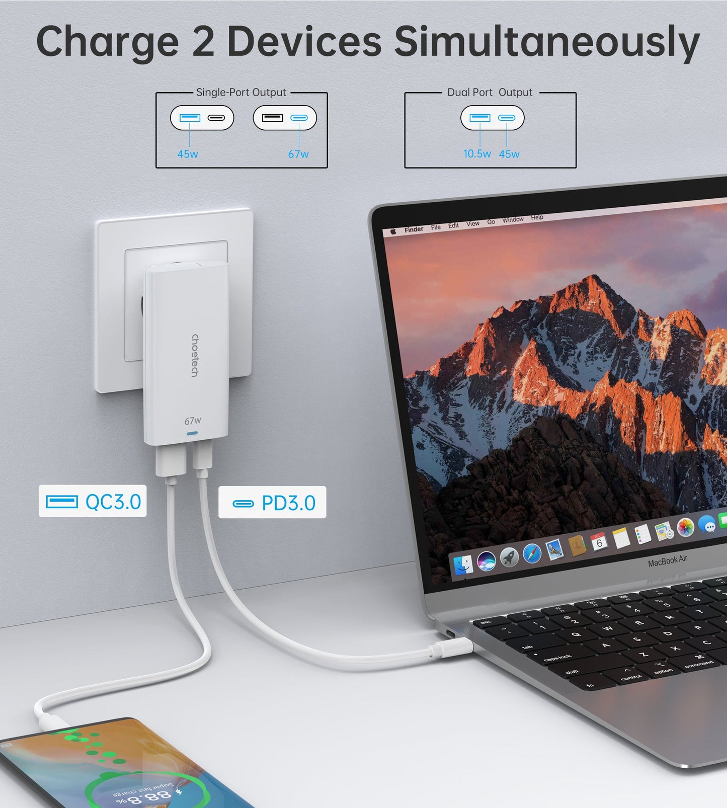 67W GaN Charger – Dual-Port USB-C Adapter for Travel Use