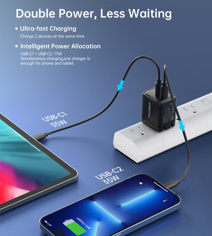 GaN 35W Wall Charger – Dual USB-C, Display, US