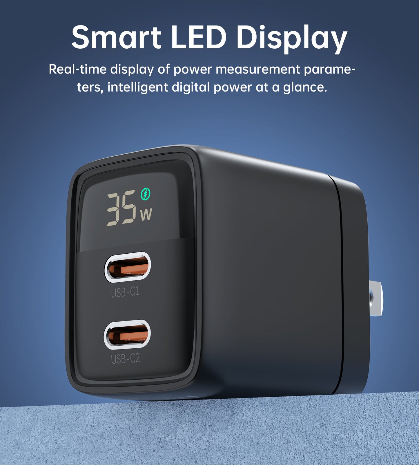 GaN 35W Wall Charger – Dual USB-C, Display, US