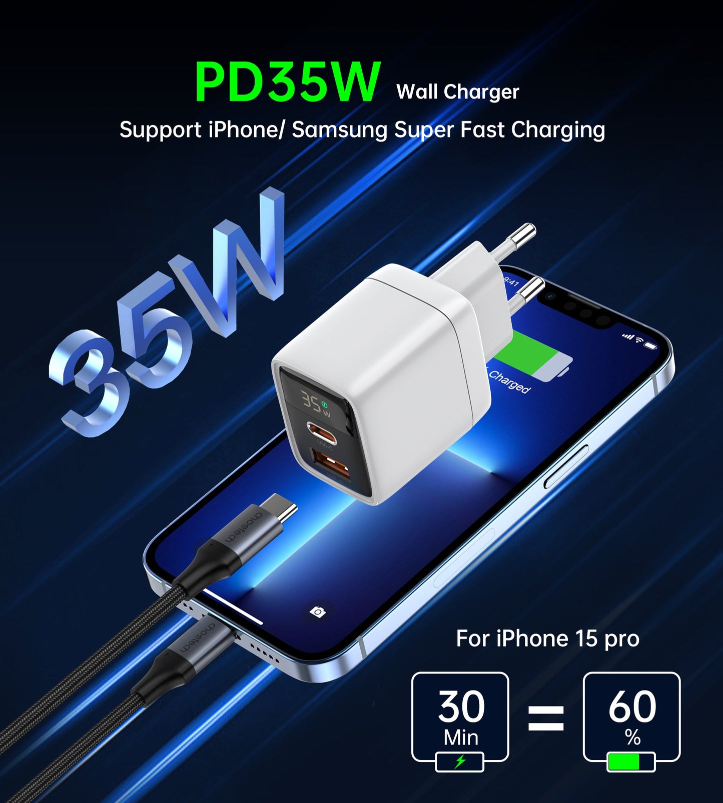 35W GaN Fast Charger – Dual USB-C Ports, Compact Design