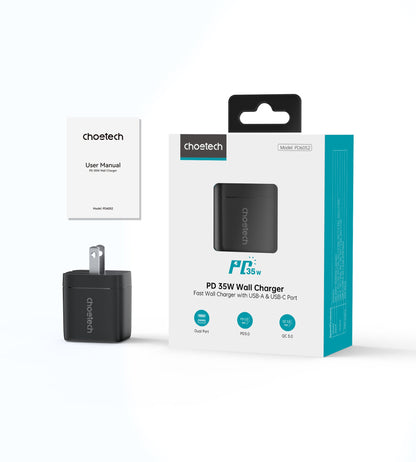 35W GaN A+C Wall Charger with Display – US, Black/White