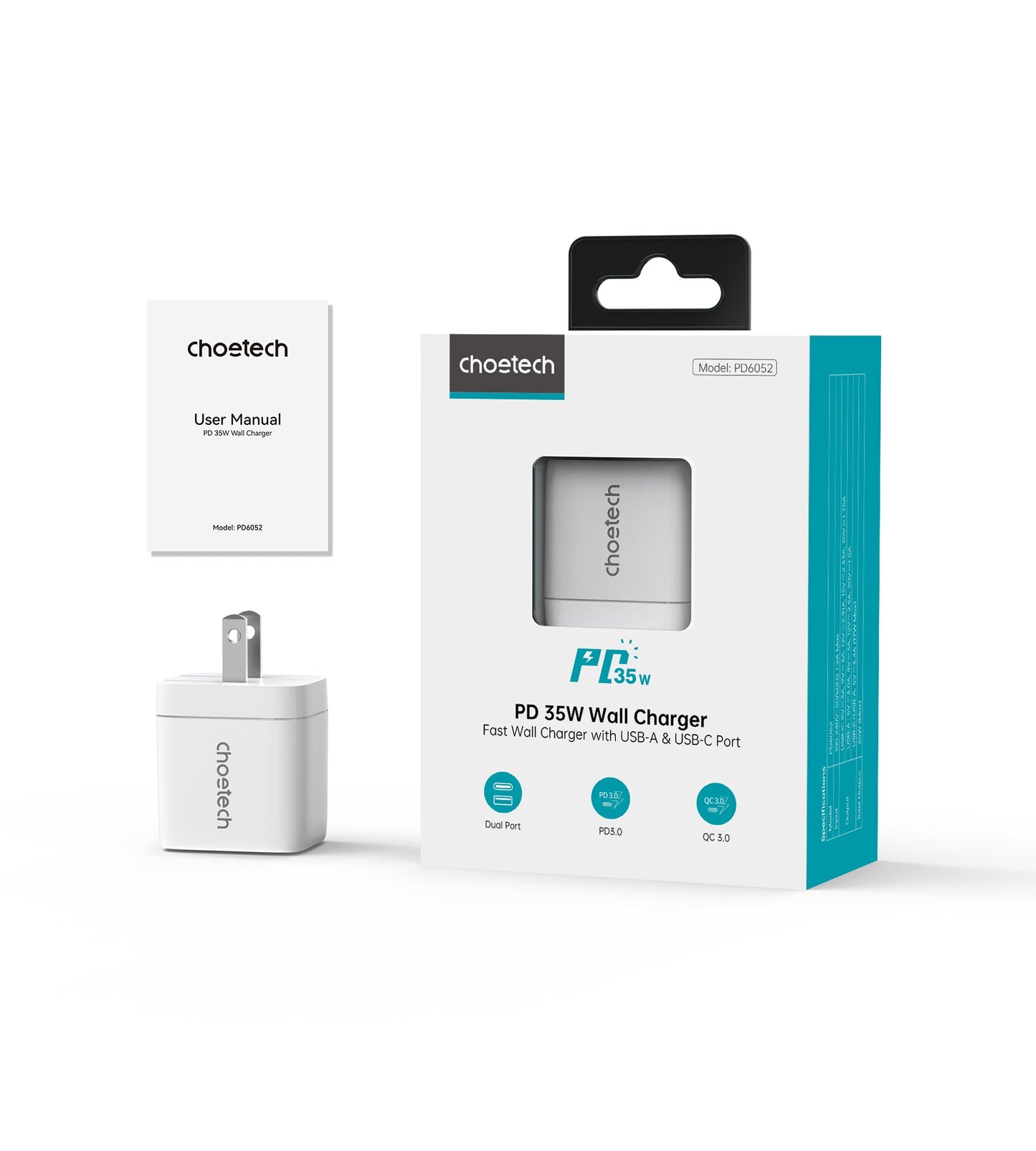 35W GaN A+C Wall Charger with Display – US, Black/White