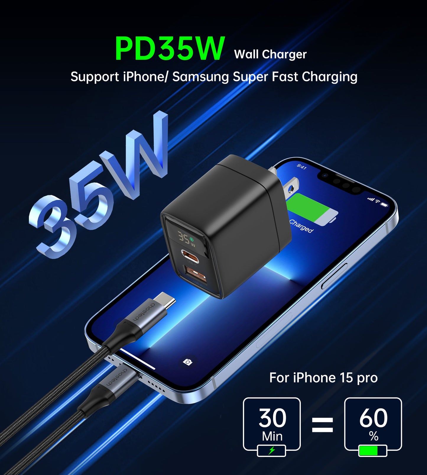 35W GaN A+C Wall Charger with Display – US, Black/White