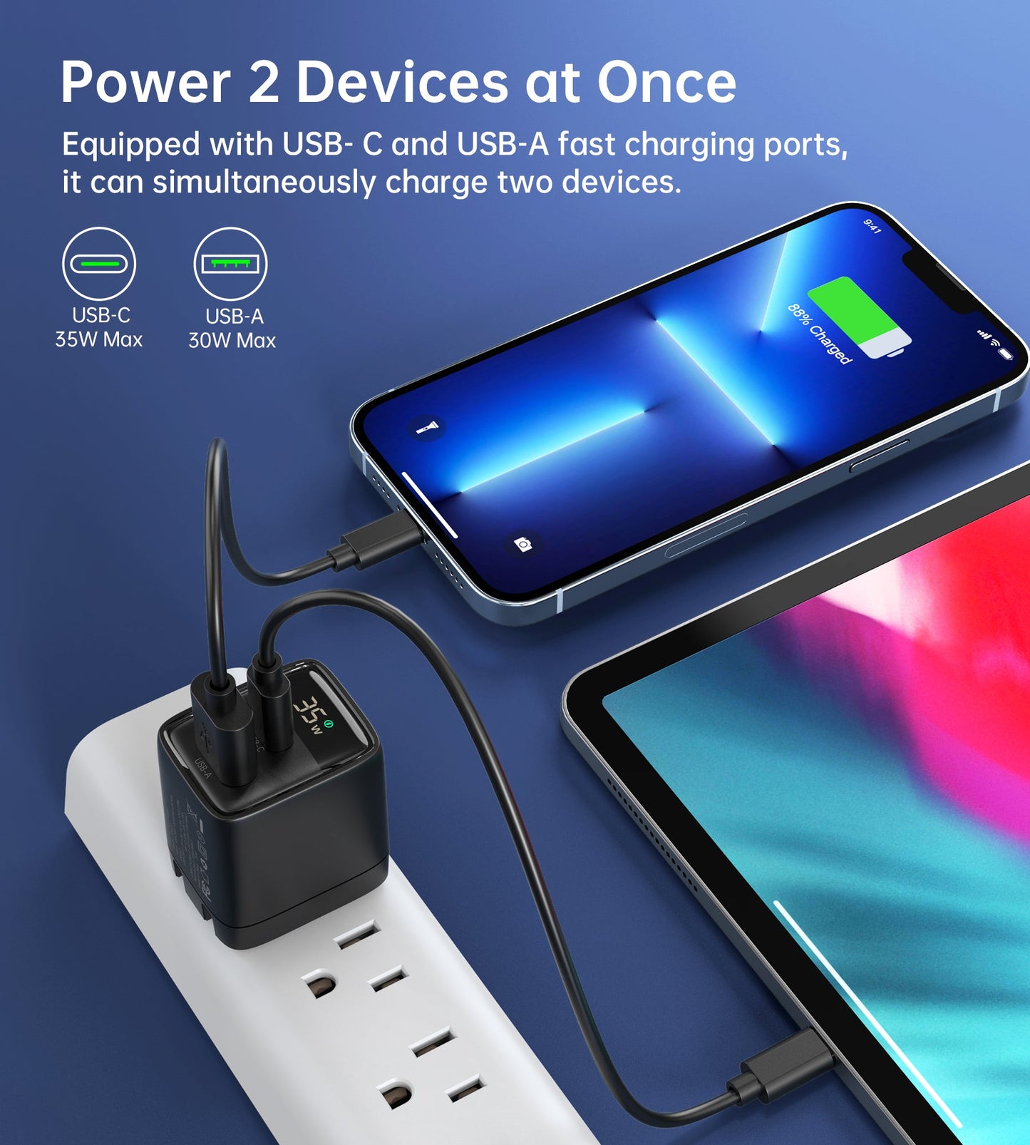 35W GaN A+C Wall Charger with Display – US, Black/White