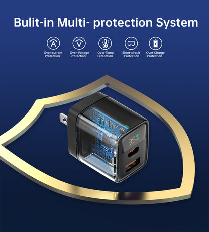 35W GaN A+C Wall Charger with Display – US, Black/White