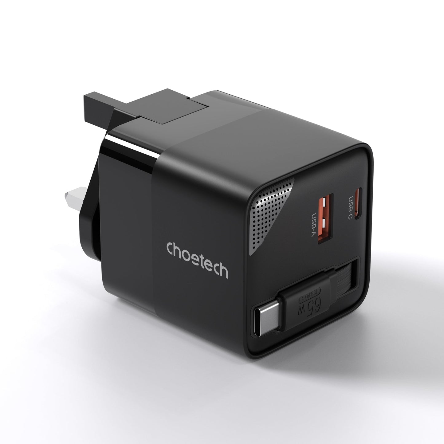65W GaN USB-C Wall Charger – Retractable UK Plug, Black