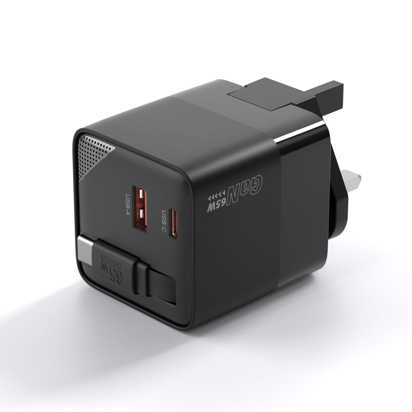 65W GaN USB-C Wall Charger – Retractable UK Plug, Black