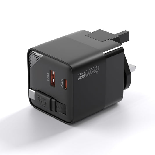 65W GaN USB-C Wall Charger – Retractable UK Plug, Black