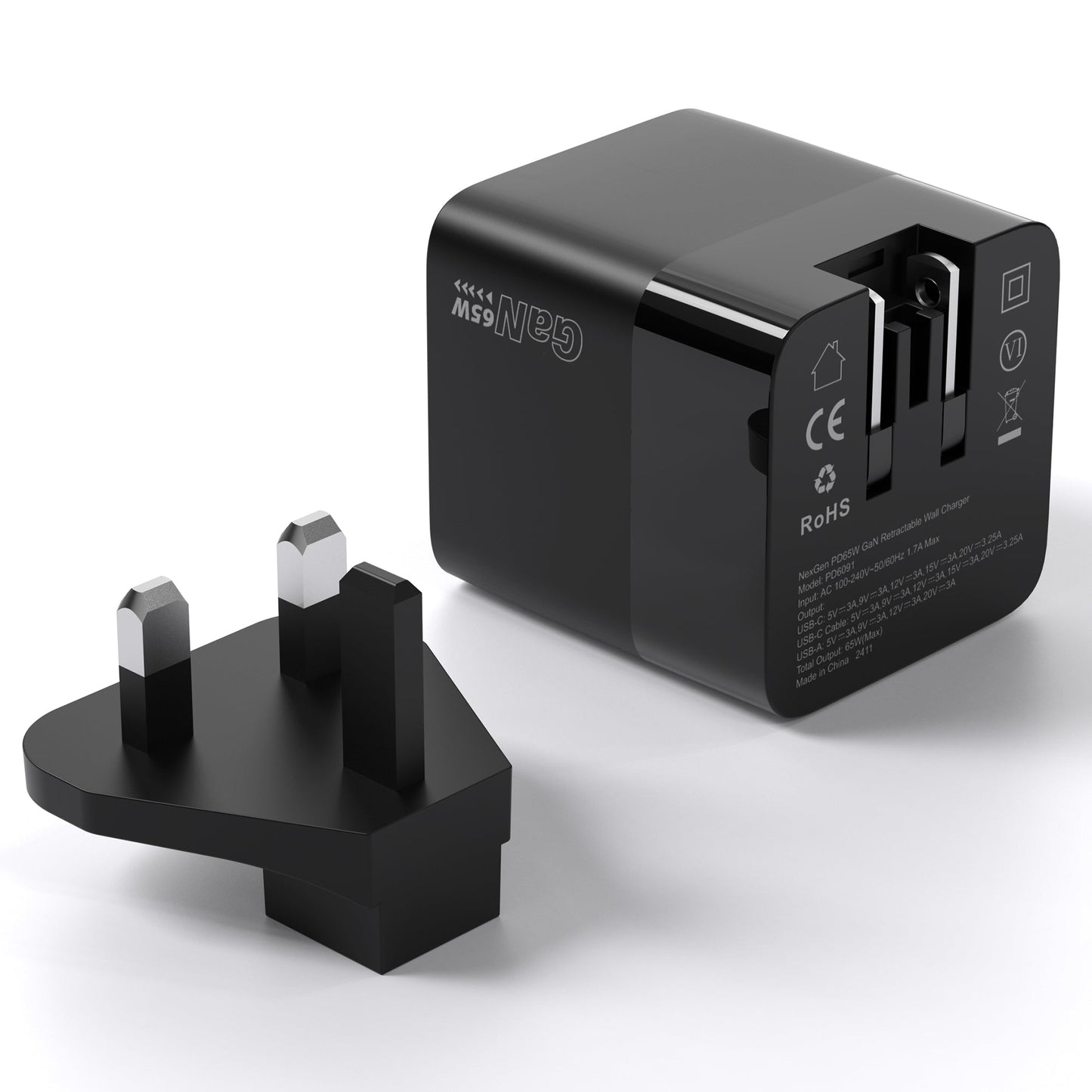 65W GaN USB-C Wall Charger – Retractable UK Plug, Black