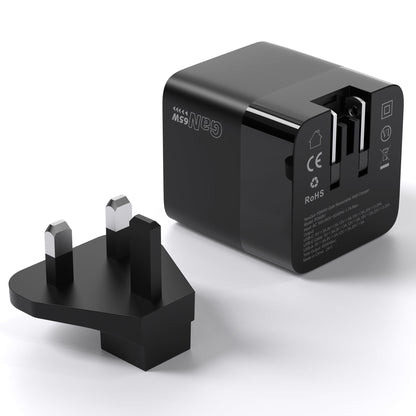 65W GaN USB-C Wall Charger – Retractable UK Plug, Black